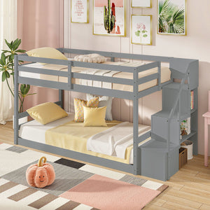 Twin Over Twin Low Bunk Bed with Storage Stairs Solid Wood Floor Bunk Bed Frame-Gray view 3