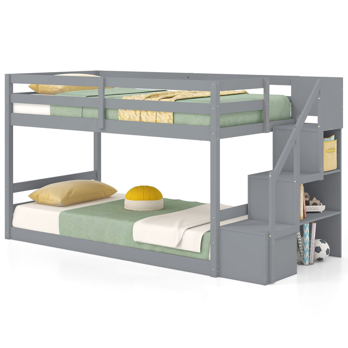 Twin Over Twin Low Bunk Bed with Storage Stairs Solid Wood Floor Bunk Bed Frame-Gray view 4