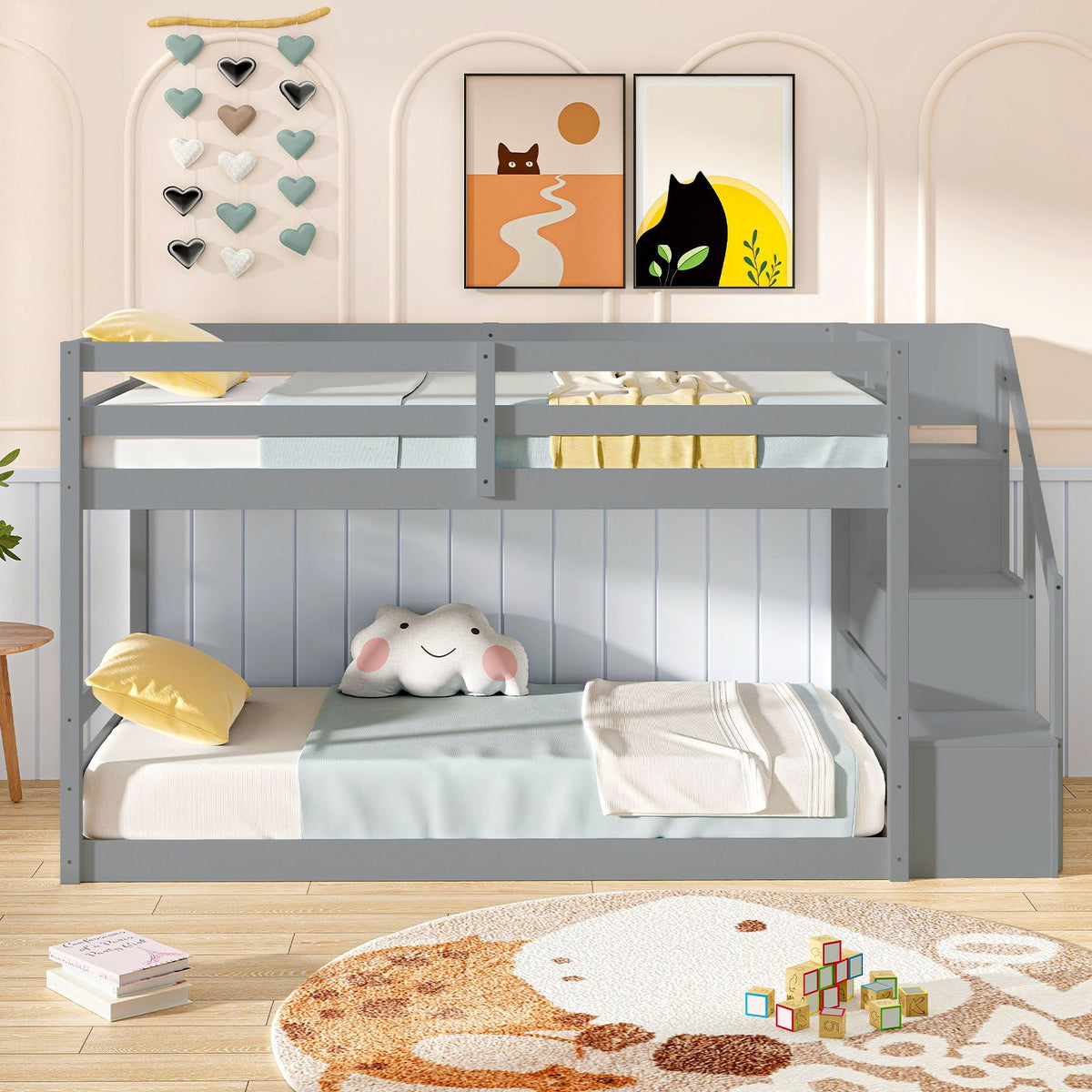 Twin Over Twin Low Bunk Bed with Storage Stairs Solid Wood Floor Bunk Bed Frame-Gray view 5