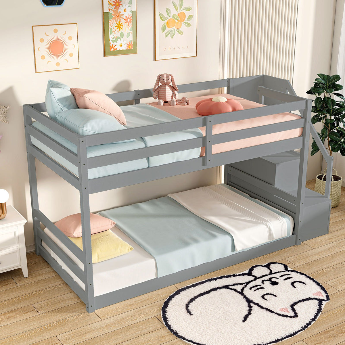 Twin Over Twin Low Bunk Bed with Storage Stairs Solid Wood Floor Bunk Bed Frame-Gray view 6