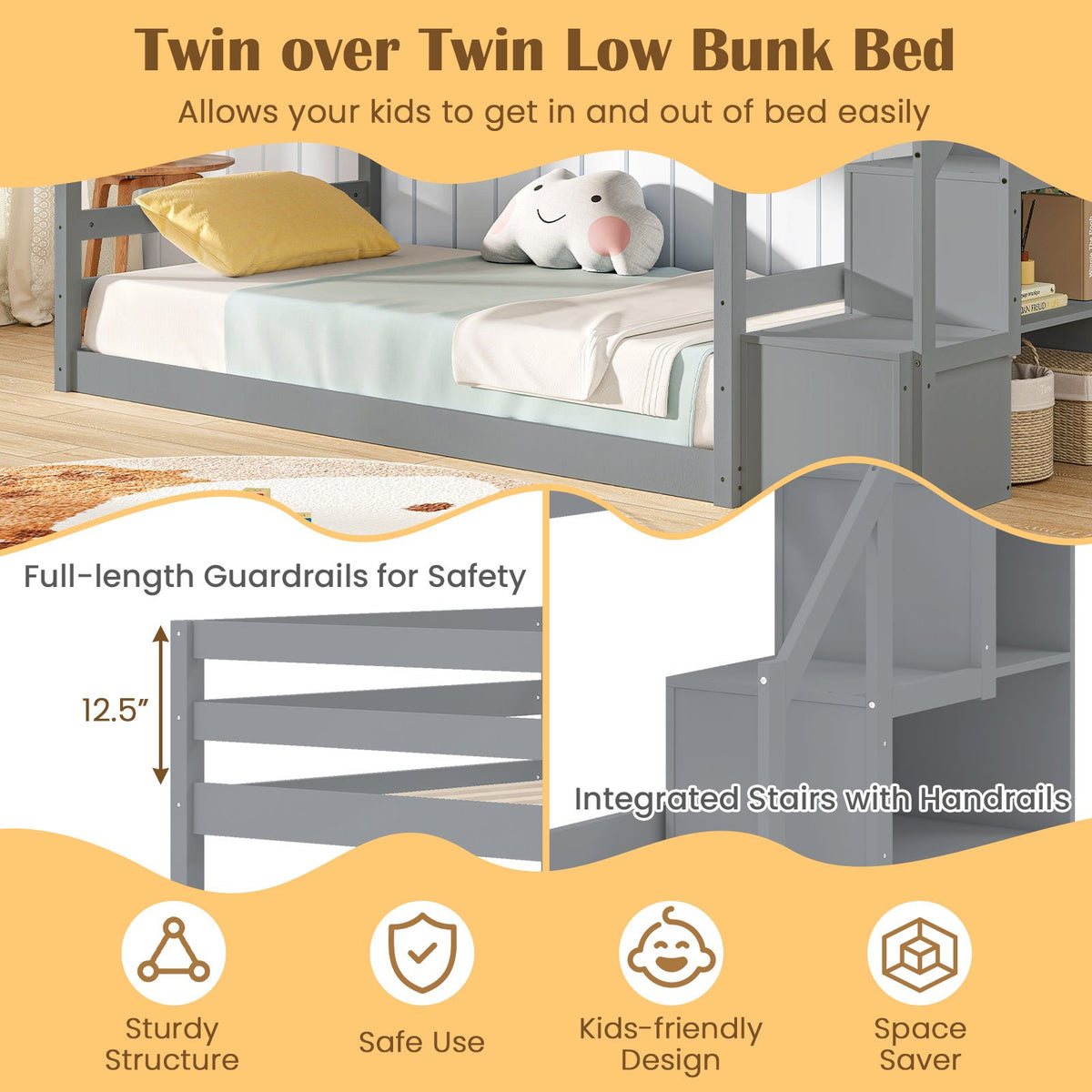 Twin Over Twin Low Bunk Bed with Storage Stairs Solid Wood Floor Bunk Bed Frame-Gray view 7