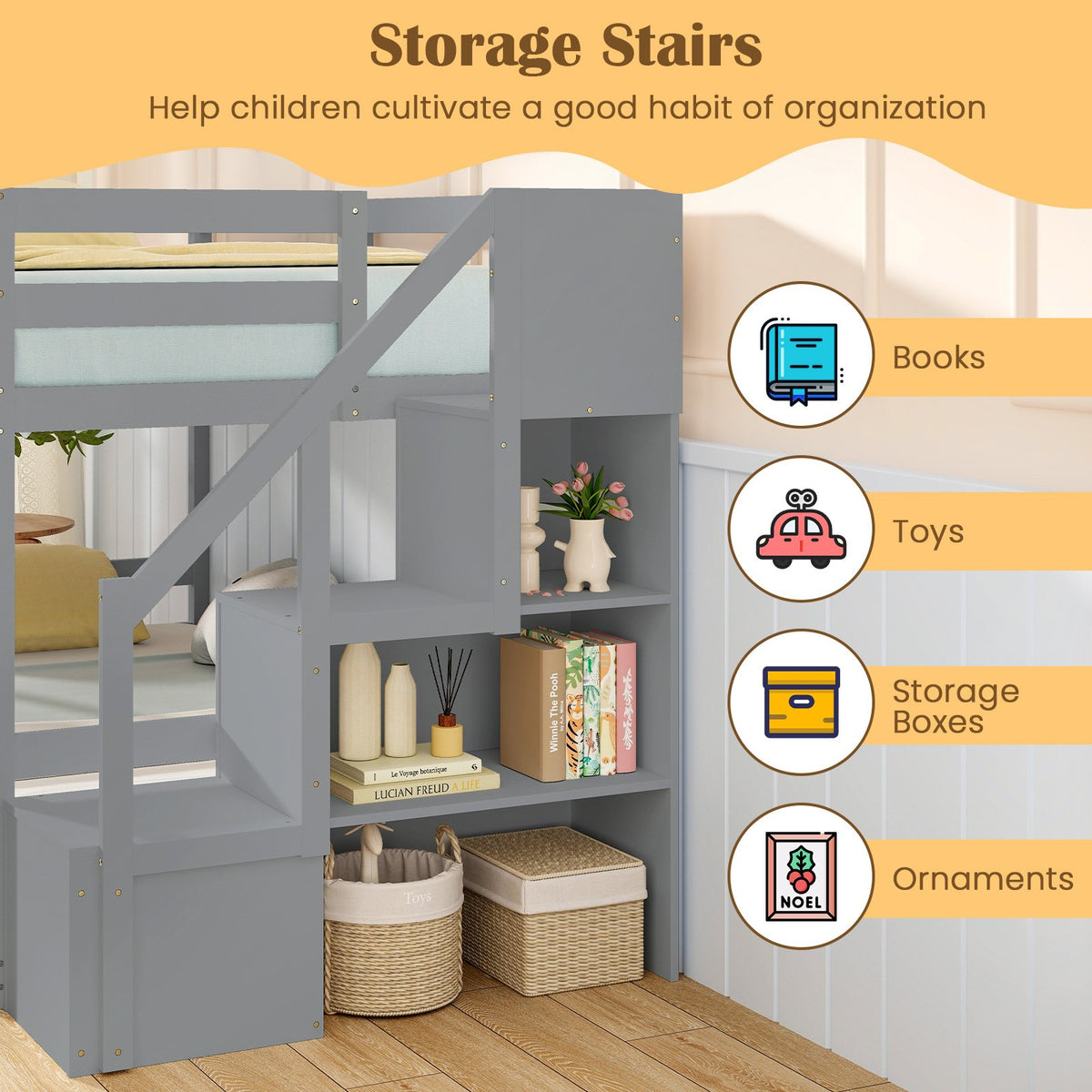 Twin Over Twin Low Bunk Bed with Storage Stairs Solid Wood Floor Bunk Bed Frame-Gray view 8