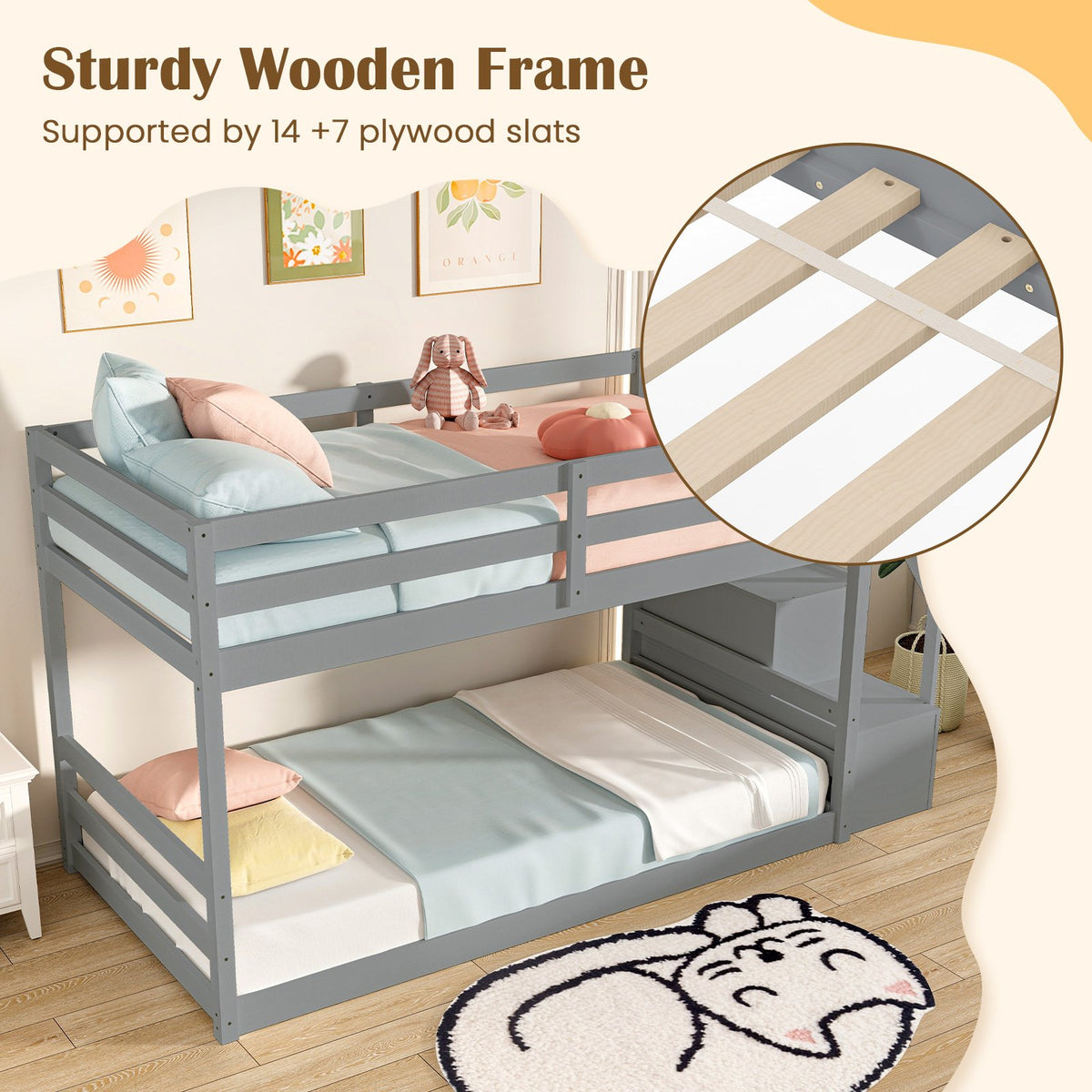 Twin Over Twin Low Bunk Bed with Storage Stairs Solid Wood Floor Bunk Bed Frame-Gray view 9
