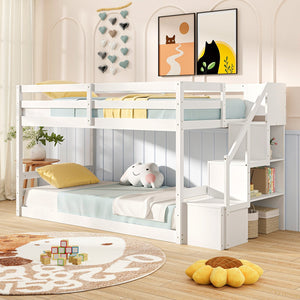 Twin Over Twin Low Bunk Bed with Storage Stairs Solid Wood Floor Bunk Bed Frame-White view 2