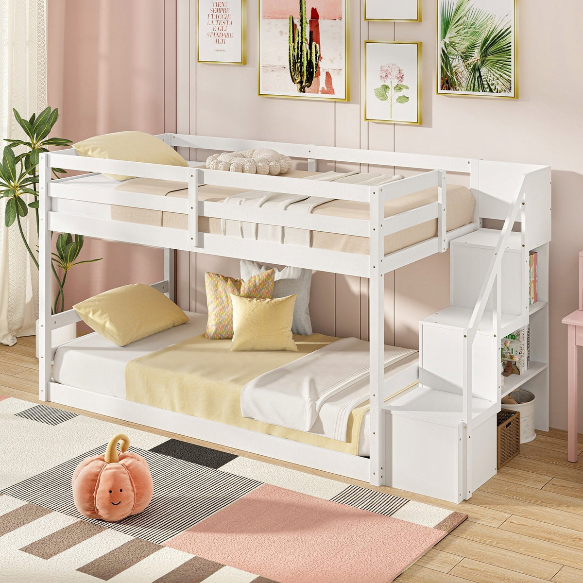Twin Over Twin Low Bunk Bed with Storage Stairs Solid Wood Floor Bunk Bed Frame-White view 3