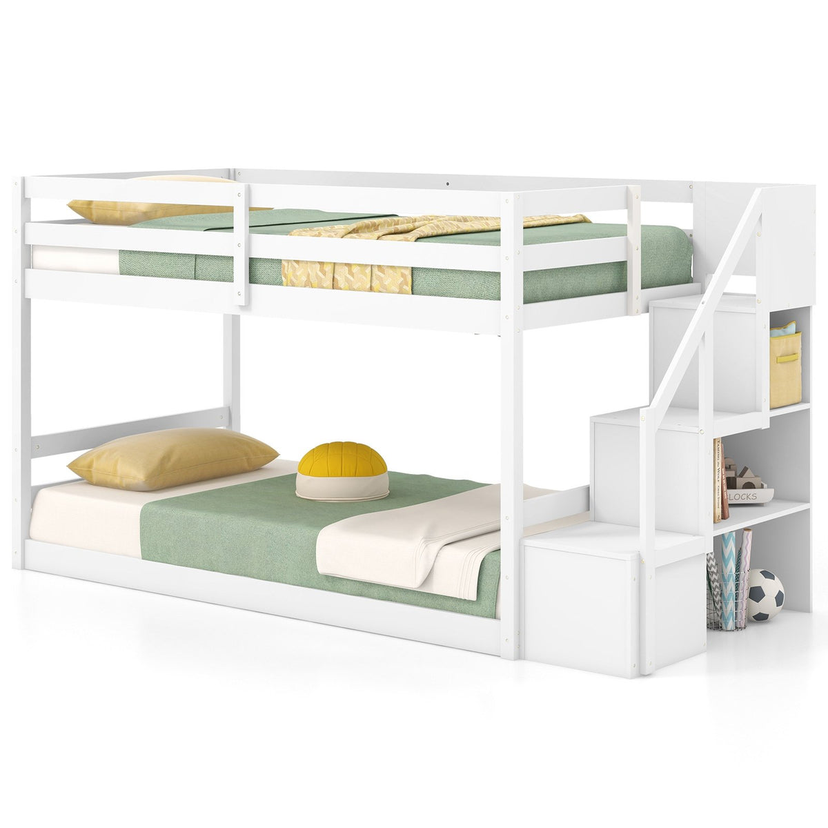 Twin Over Twin Low Bunk Bed with Storage Stairs Solid Wood Floor Bunk Bed Frame-White view 4