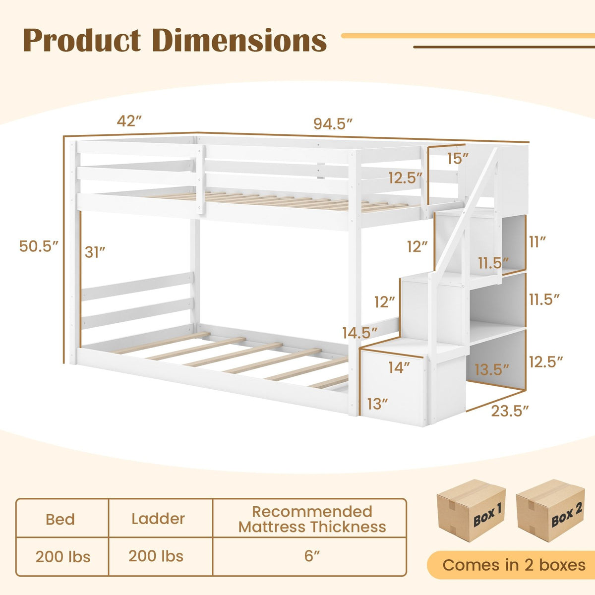 Twin Over Twin Low Bunk Bed with Storage Stairs Solid Wood Floor Bunk Bed Frame-White view 5
