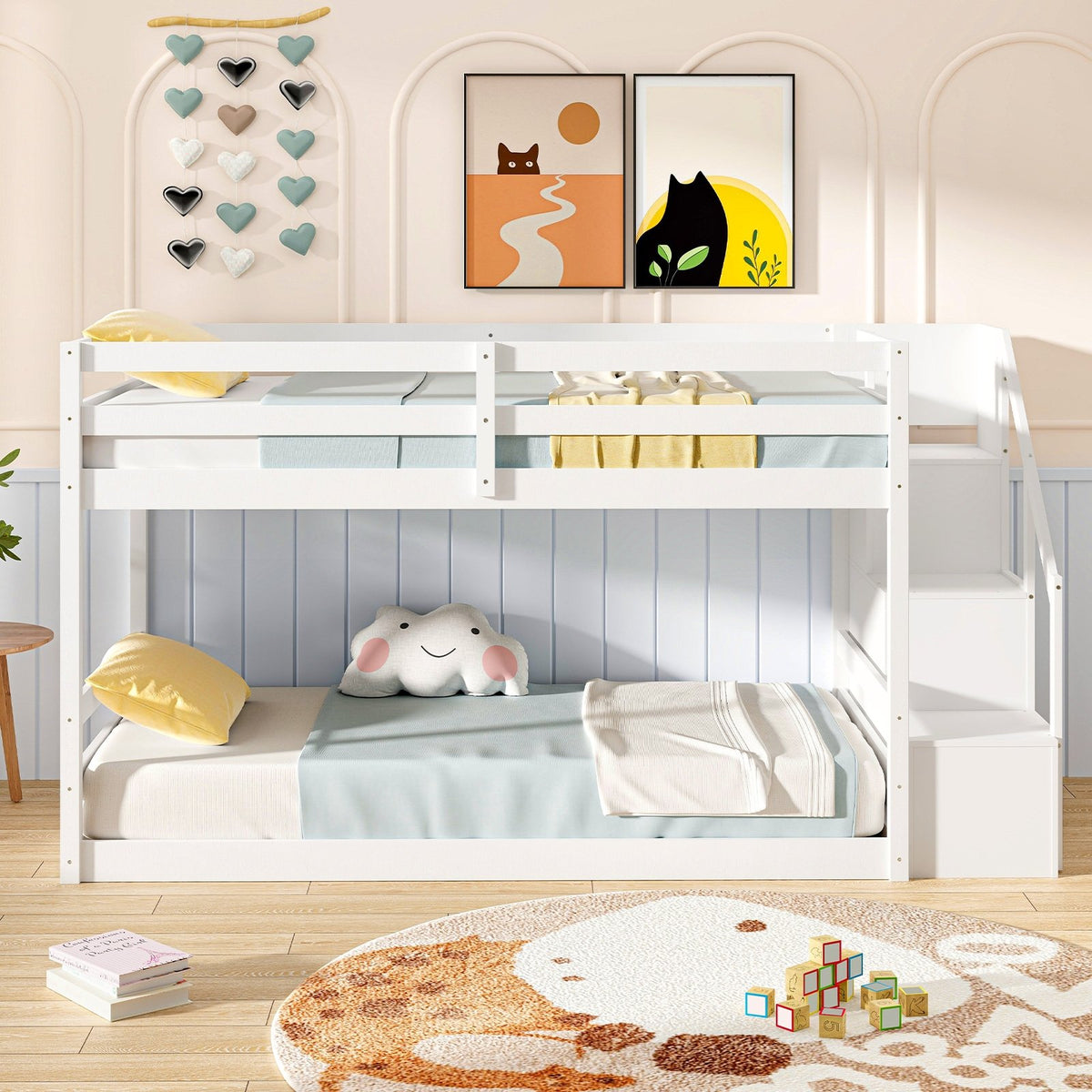 Twin Over Twin Low Bunk Bed with Storage Stairs Solid Wood Floor Bunk Bed Frame-White view 6