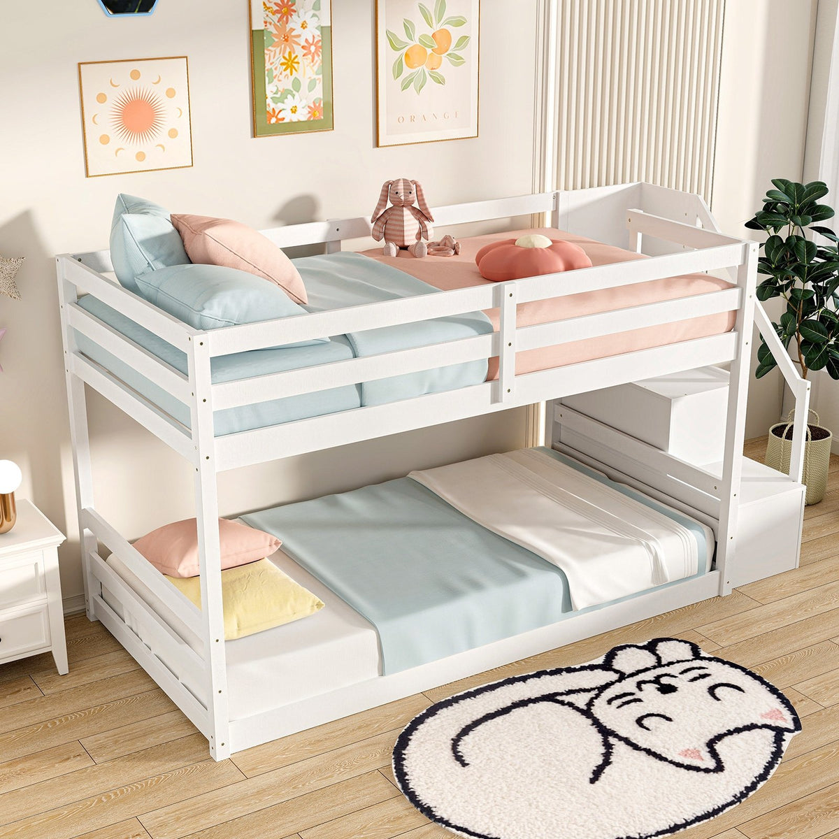 Twin Over Twin Low Bunk Bed with Storage Stairs Solid Wood Floor Bunk Bed Frame-White view 7