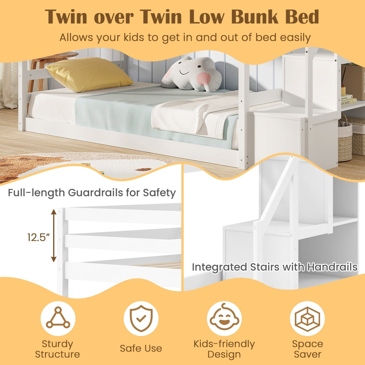 Twin Over Twin Low Bunk Bed with Storage Stairs Solid Wood Floor Bunk Bed Frame-White view 8