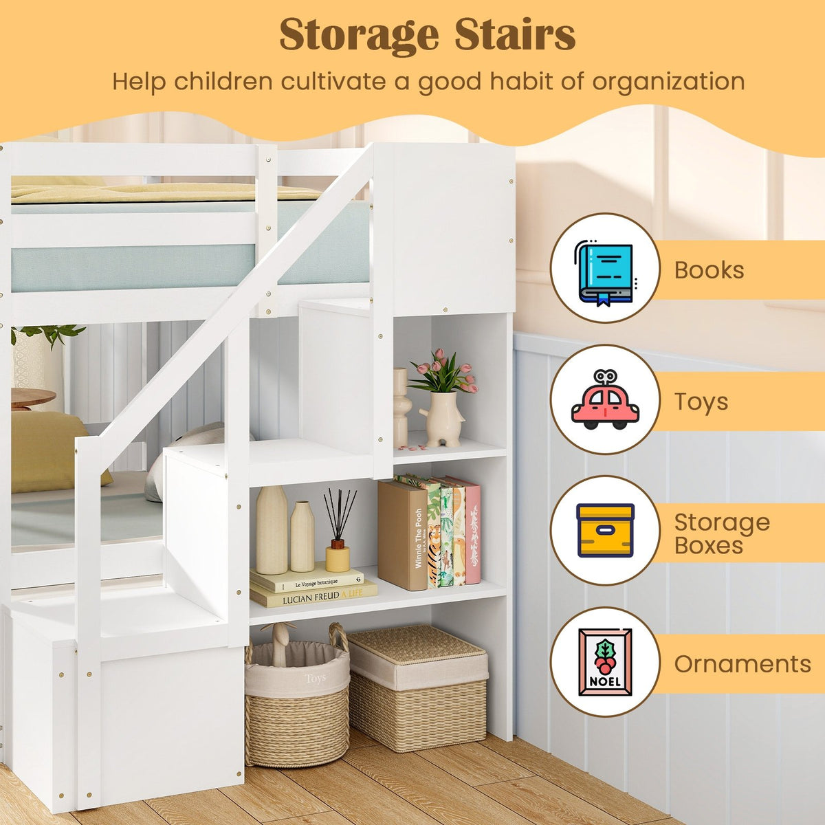 Twin Over Twin Low Bunk Bed with Storage Stairs Solid Wood Floor Bunk Bed Frame-White view 9