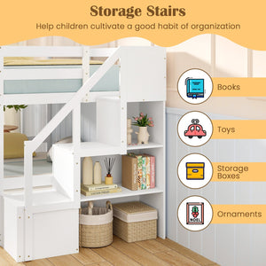 Twin Over Twin Low Bunk Bed with Storage Stairs Solid Wood Floor Bunk Bed Frame-White view 9
