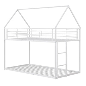 Twin Over Twin Metal Bunk Bed with Roof and Ladder-White