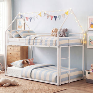 Twin Over Twin Metal Bunk Bed with Roof and Ladder-White view 2