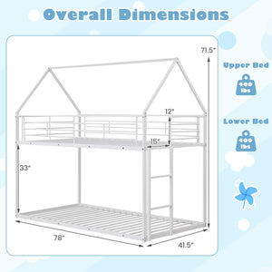 Twin Over Twin Metal Bunk Bed with Roof and Ladder-White view 4