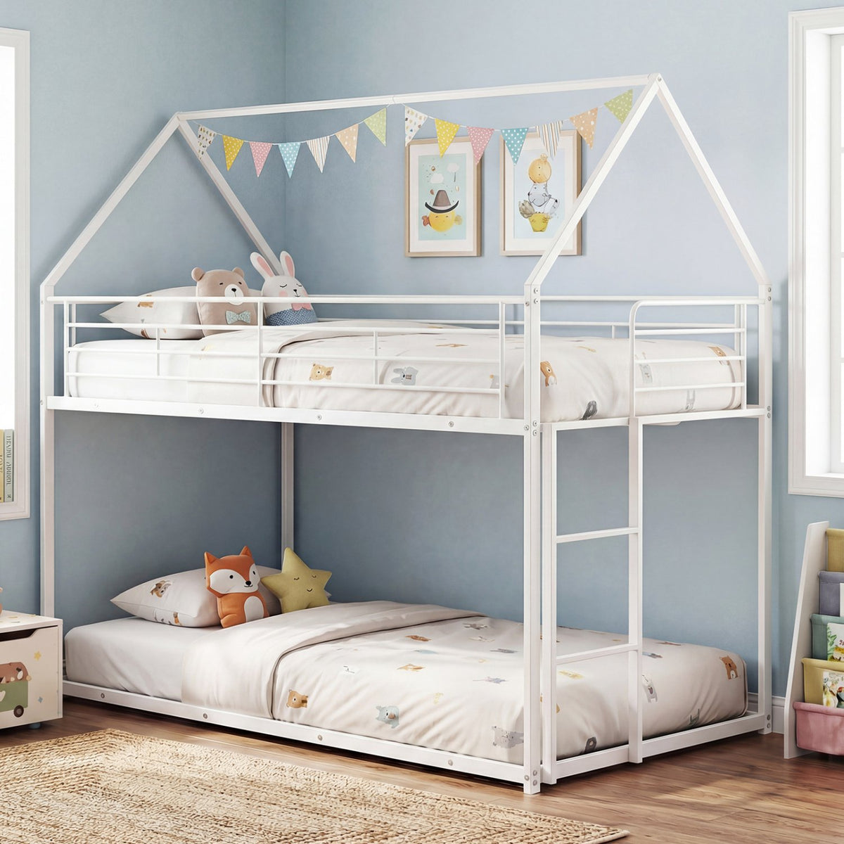 Twin Over Twin Metal Bunk Bed with Roof and Ladder-White view 5