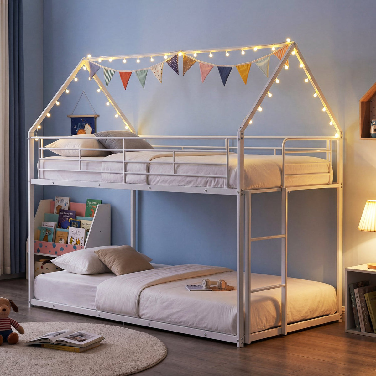 Twin Over Twin Metal Bunk Bed with Roof and Ladder-White view 6