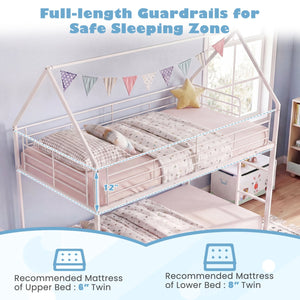 Twin Over Twin Metal Bunk Bed with Roof and Ladder-White view 9