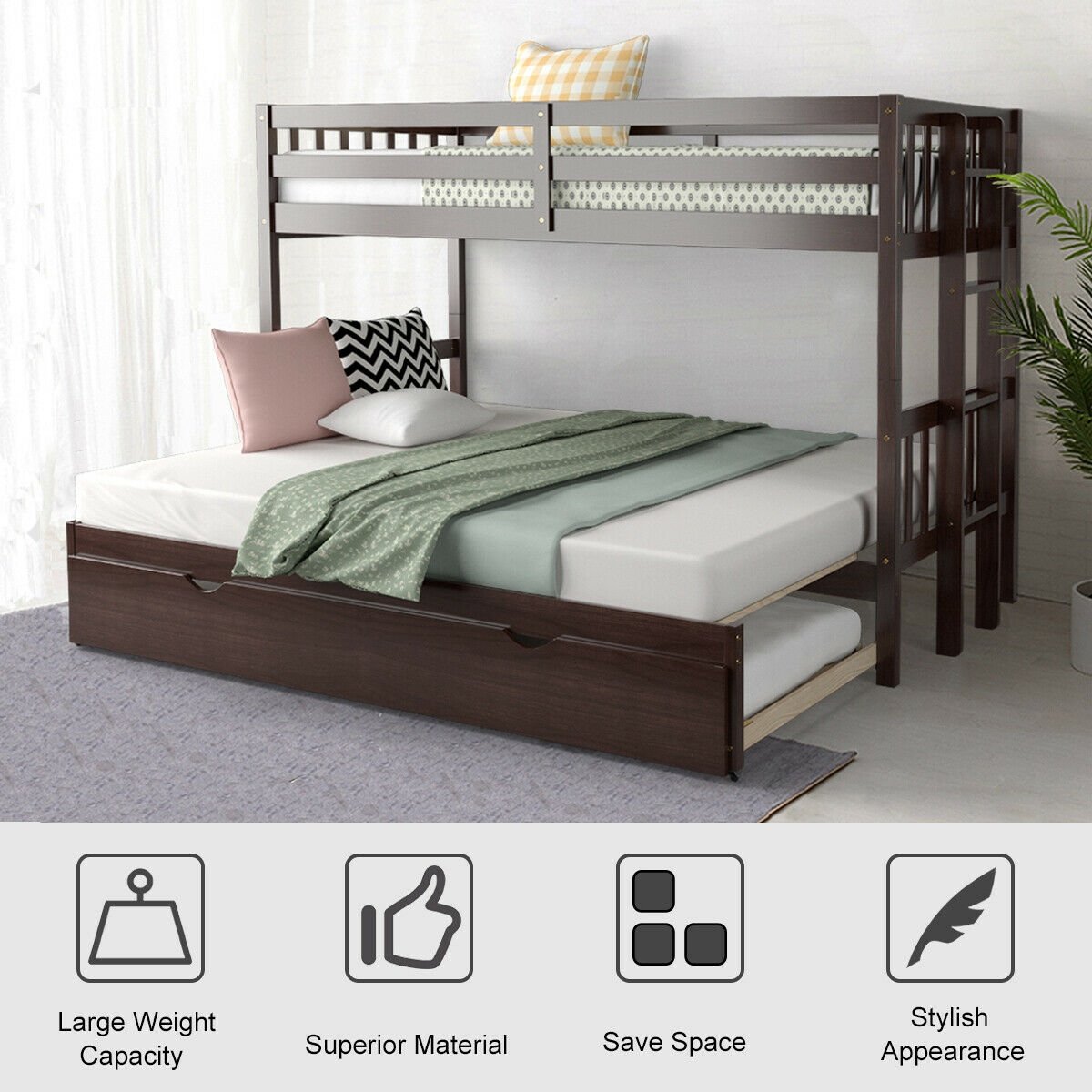 Twin Pull-Out Bunk Bed with Trundle Wooden Ladder-Dark Brown view 3