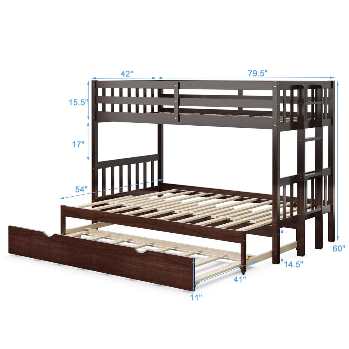 Twin Pull-Out Bunk Bed with Trundle Wooden Ladder-Dark Brown view 4