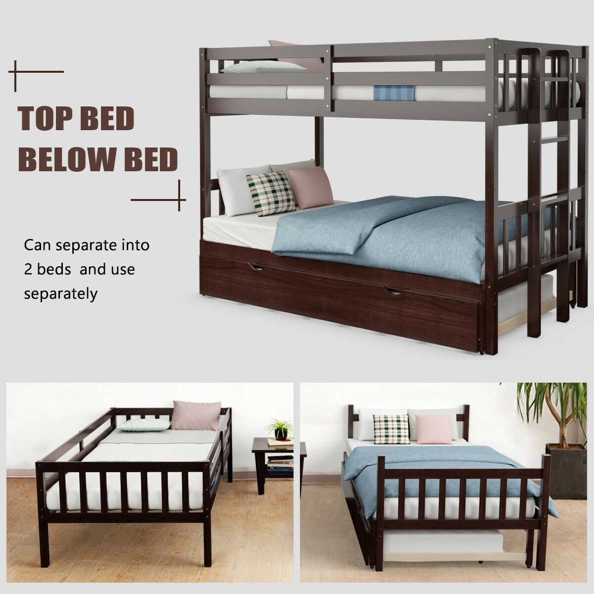 Twin Pull-Out Bunk Bed with Trundle Wooden Ladder-Dark Brown view 5
