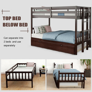 Twin Pull-Out Bunk Bed with Trundle Wooden Ladder-Dark Brown view 5