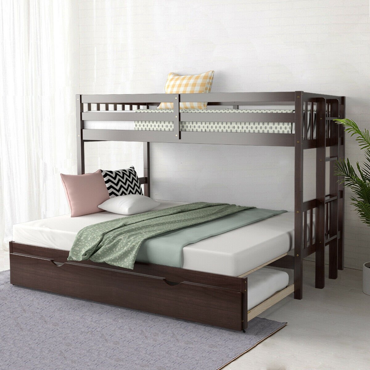 Twin Pull-Out Bunk Bed with Trundle Wooden Ladder-Dark Brown view 6