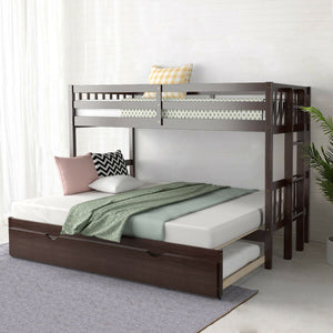 Twin Pull-Out Bunk Bed with Trundle Wooden Ladder-Dark Brown view 6