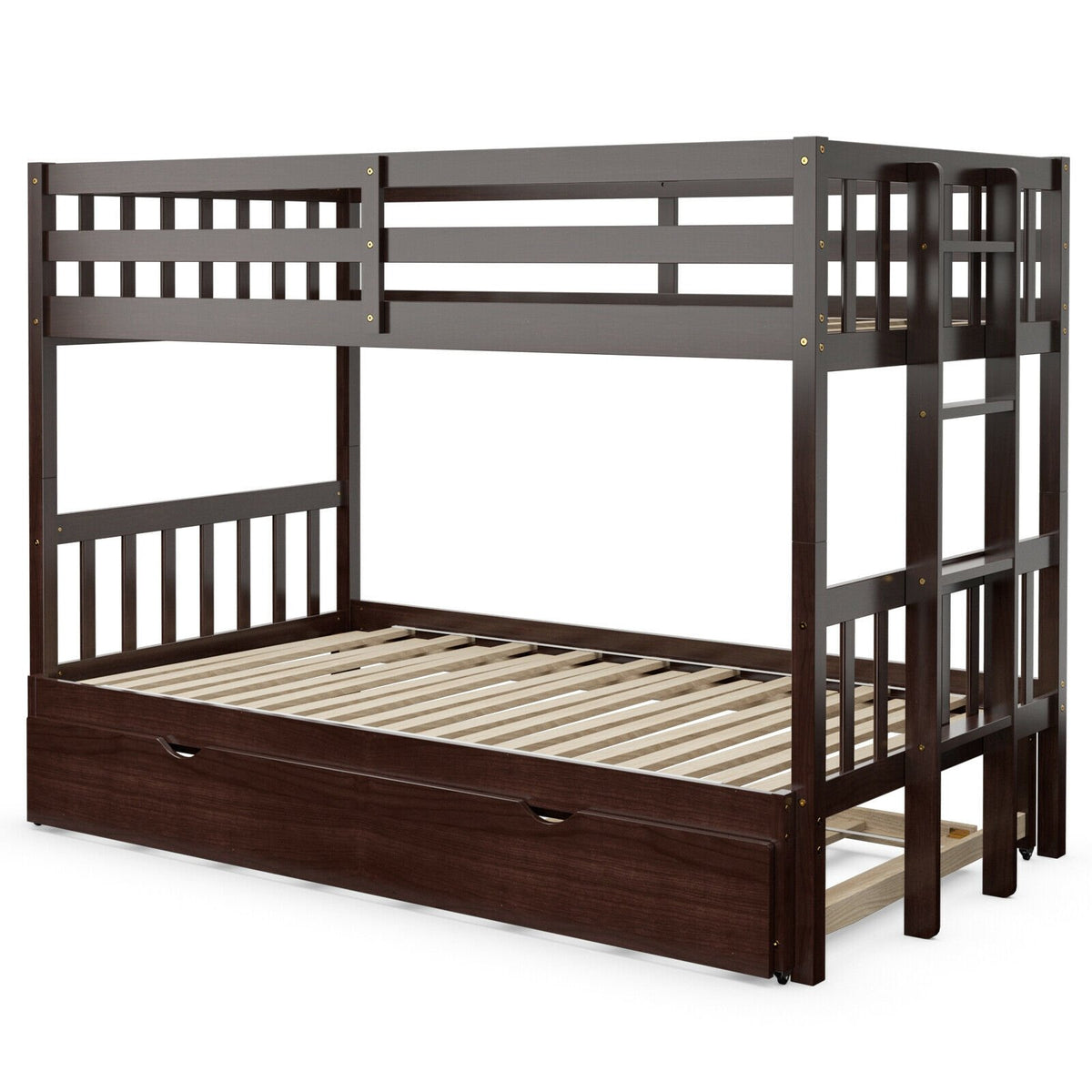 Twin Pull-Out Bunk Bed with Trundle Wooden Ladder-Dark Brown view 8