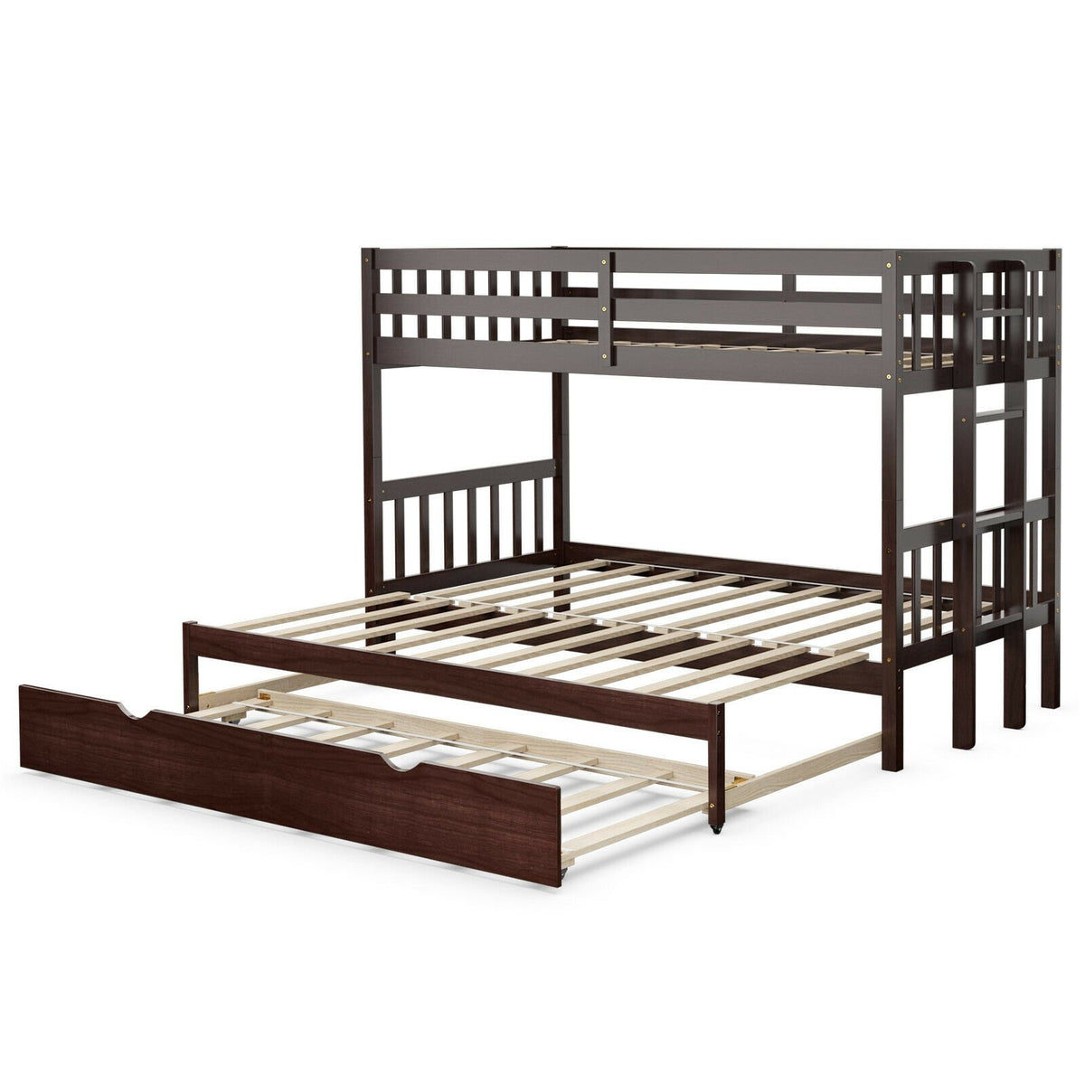 Twin Pull-Out Bunk Bed with Trundle Wooden Ladder-Dark Brown view 9