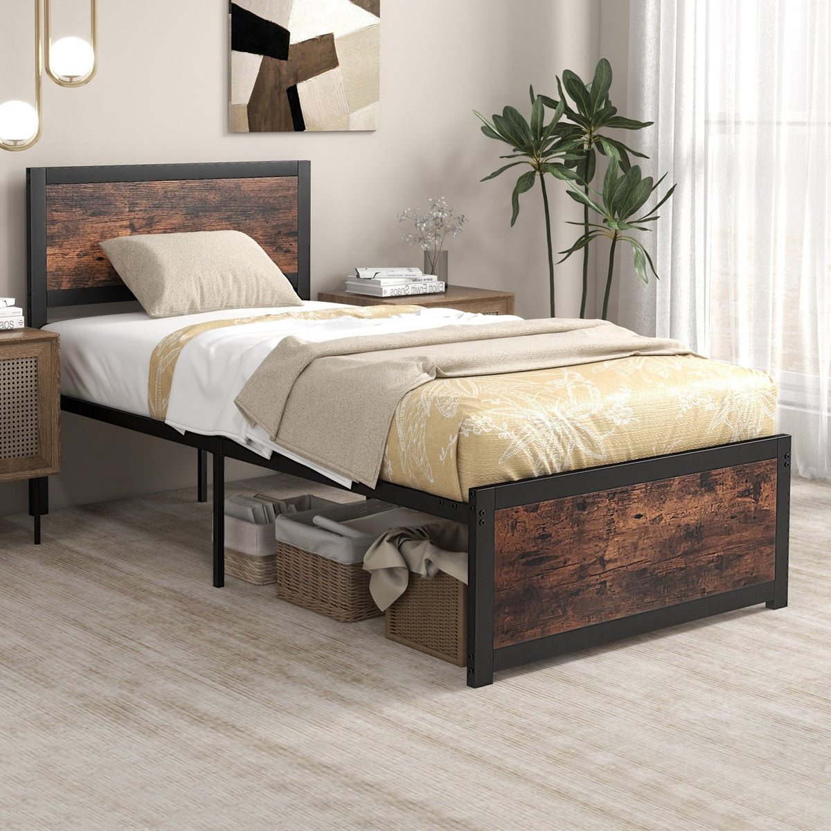 Twin Size Bed Frame Metal with High Headboard and Mute Bars-Twin Size view 3