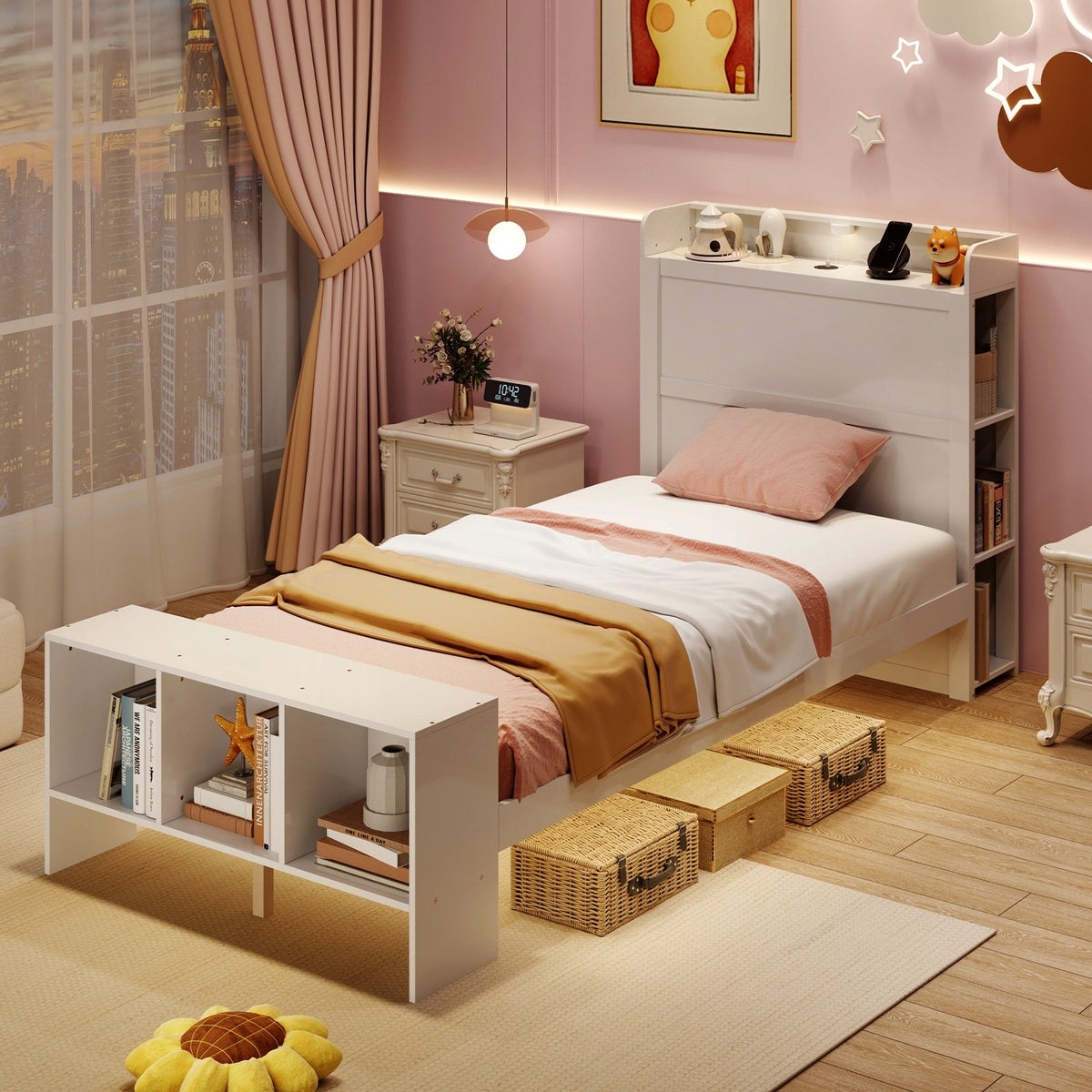 Twin Size Bed Frame with 2 USB Ports with Storage Headboard and Lights-Twin Size view 3