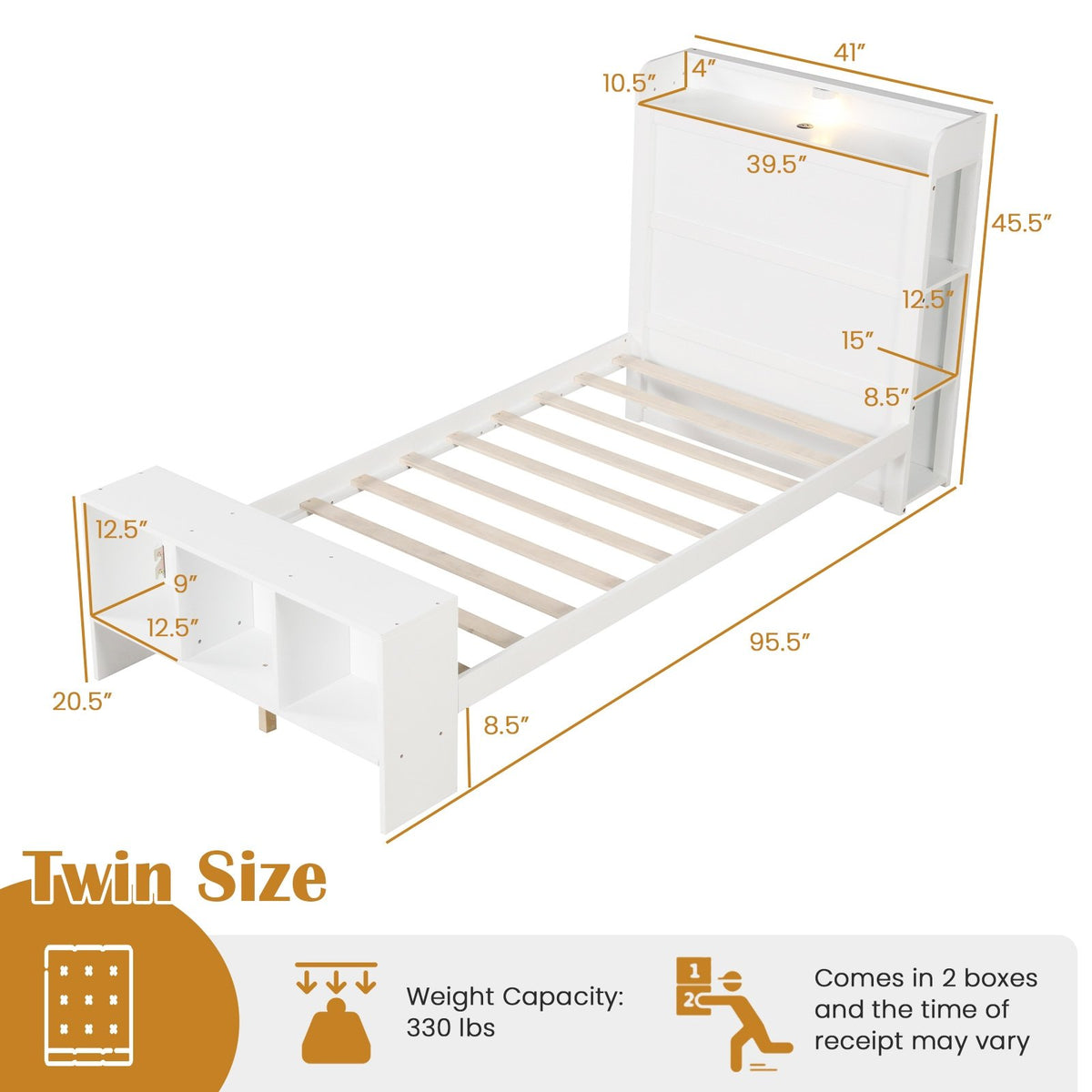 Twin Size Bed Frame with 2 USB Ports with Storage Headboard and Lights-Twin Size view 4
