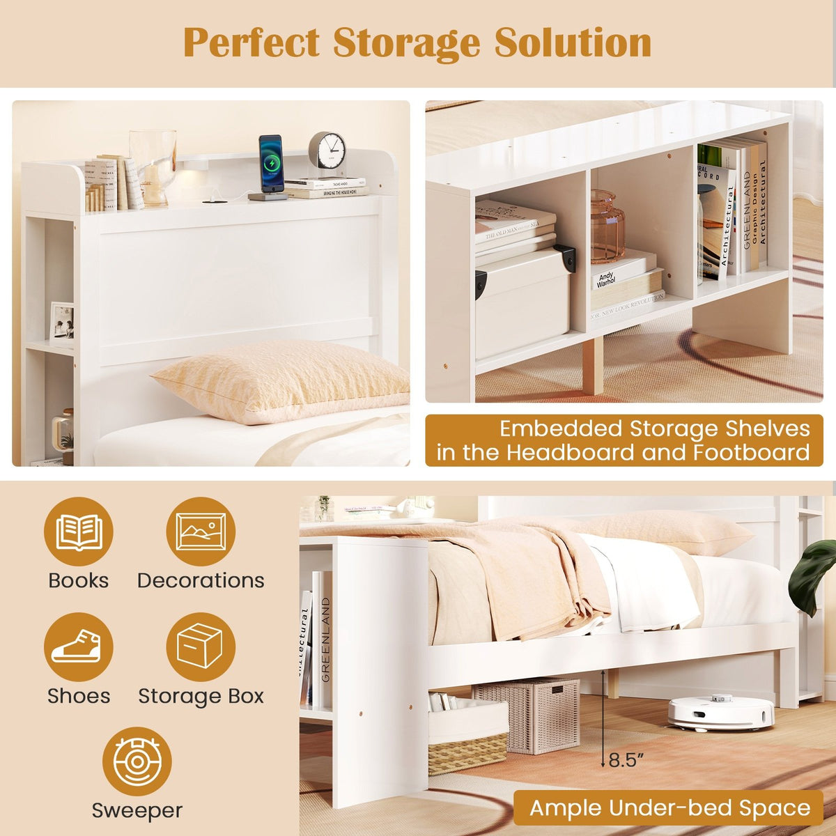 Twin Size Bed Frame with 2 USB Ports with Storage Headboard and Lights-Twin Size view 8