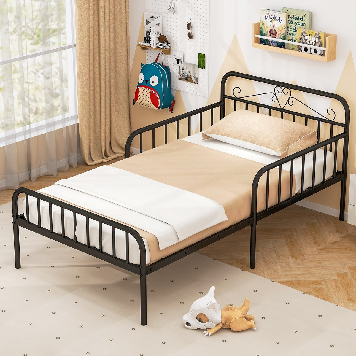 Twin Size Bed Frame with Headboard and Safety Side Guardrails-Black view 3