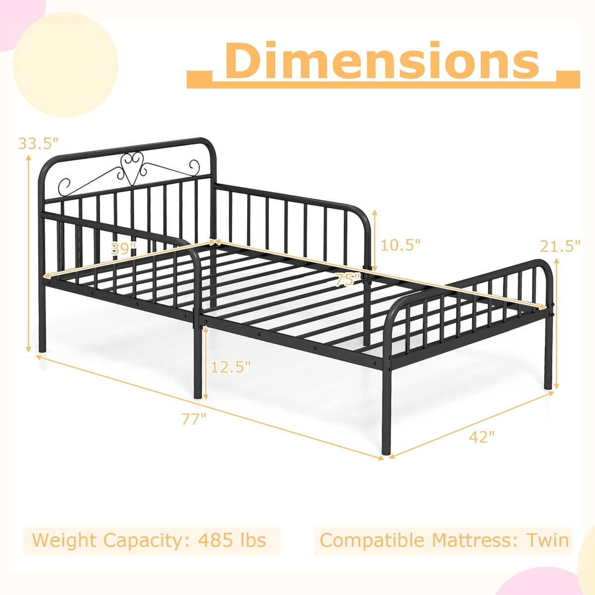 Twin Size Bed Frame with Headboard and Safety Side Guardrails-Black view 5