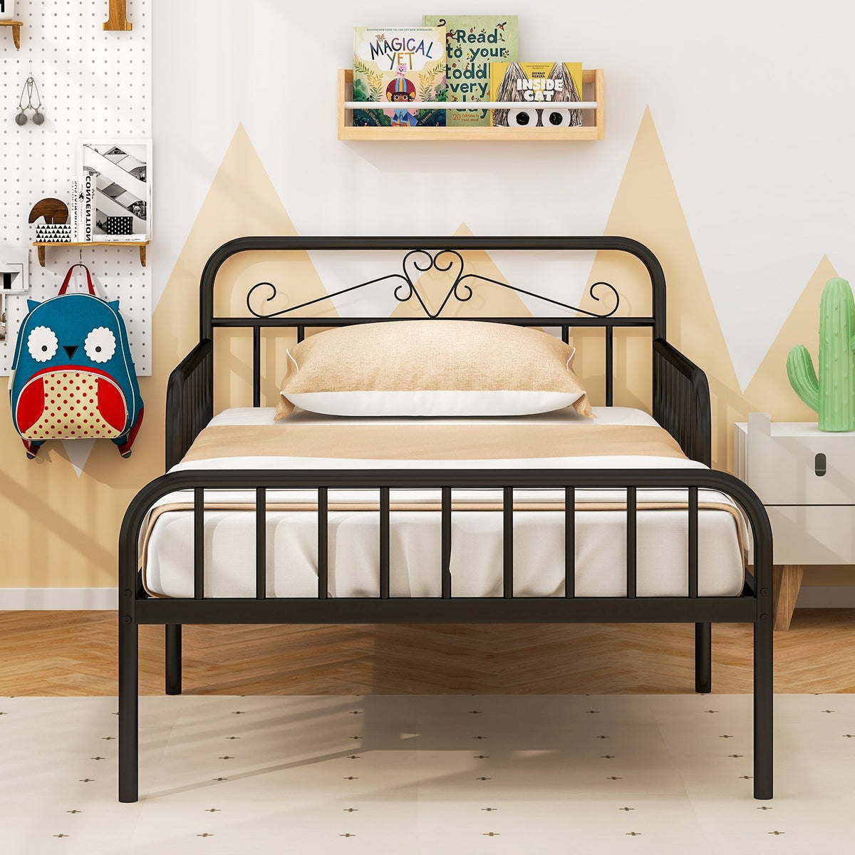 Twin Size Bed Frame with Headboard and Safety Side Guardrails-Black view 7