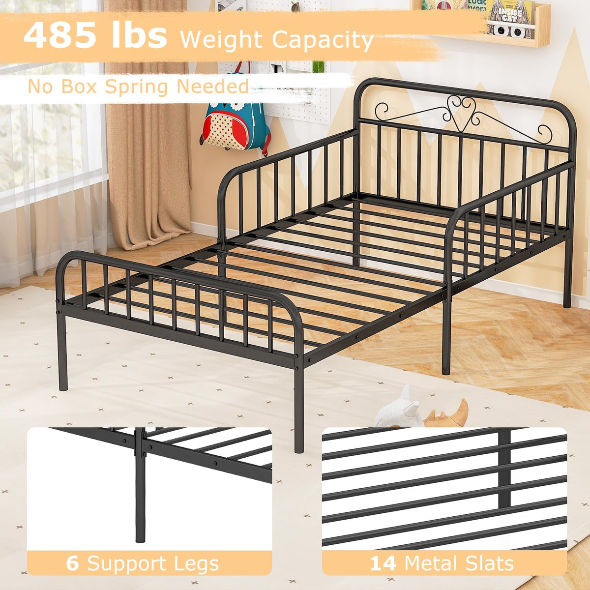Twin Size Bed Frame with Headboard and Safety Side Guardrails-Black view 8