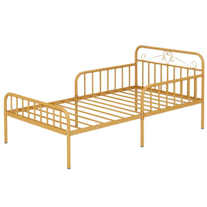 Twin Size Bed Frame with Headboard and Safety Side Guardrails-Gold