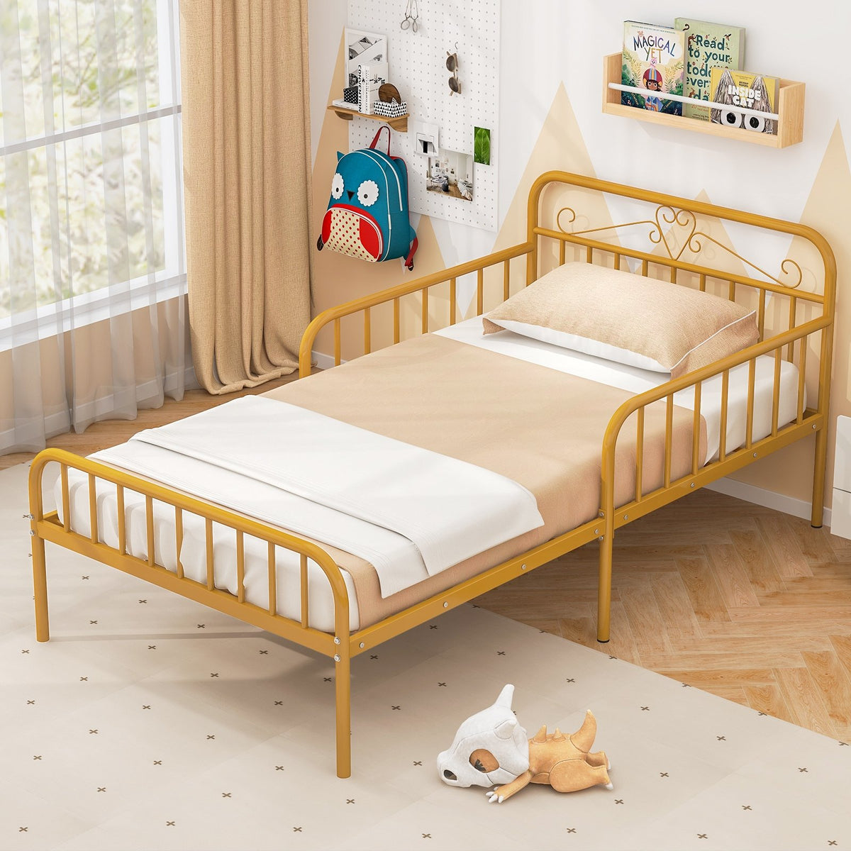 Twin Size Bed Frame with Headboard and Safety Side Guardrails-Gold view 3