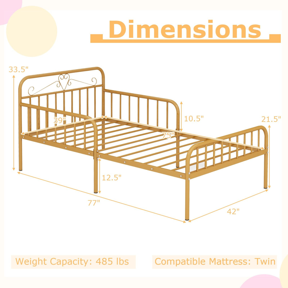 Twin Size Bed Frame with Headboard and Safety Side Guardrails-Gold view 5