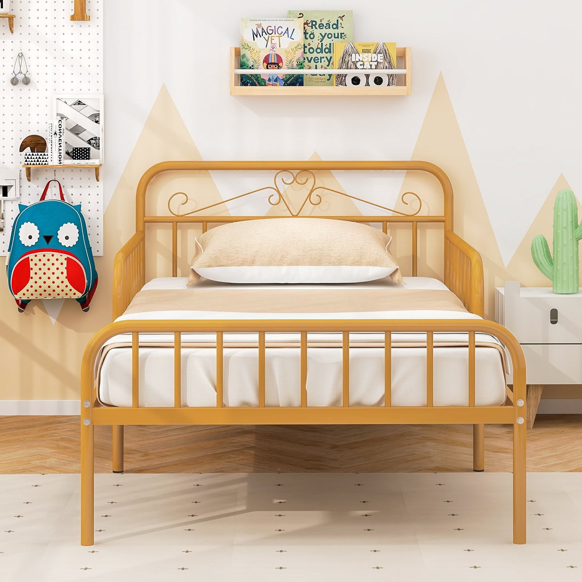 Twin Size Bed Frame with Headboard and Safety Side Guardrails-Gold view 6