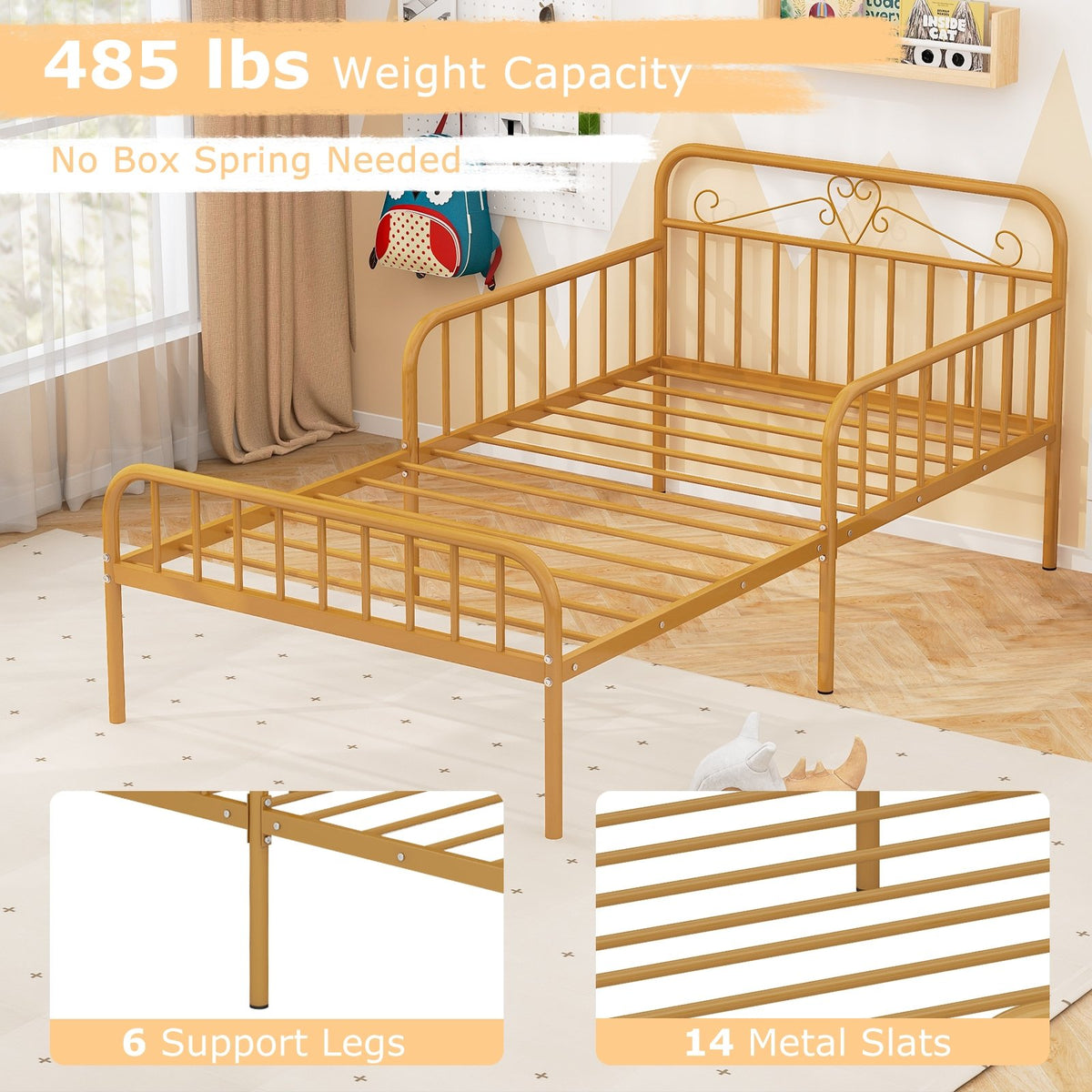 Twin Size Bed Frame with Headboard and Safety Side Guardrails-Gold view 8