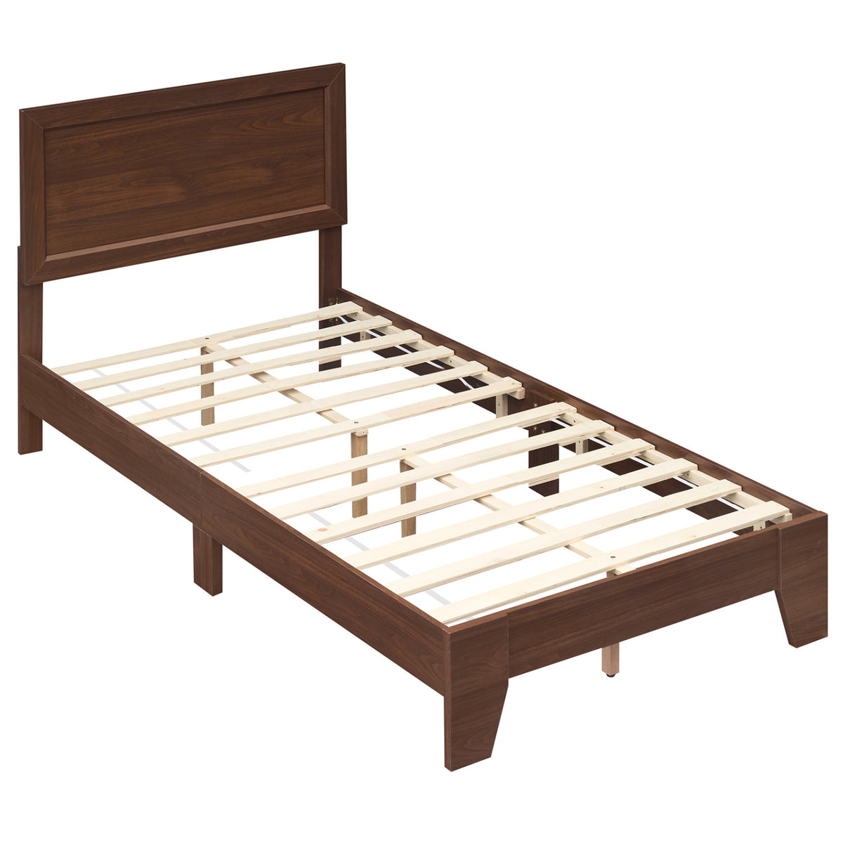 Twin Size Bed Frame with Headboard for Small Room No Box Spring Needed-Walnut