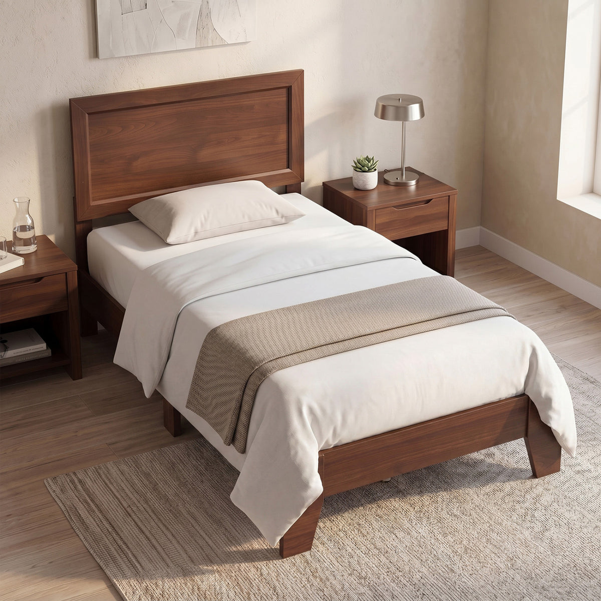 Twin Size Bed Frame with Headboard for Small Room No Box Spring Needed-Walnut view 2