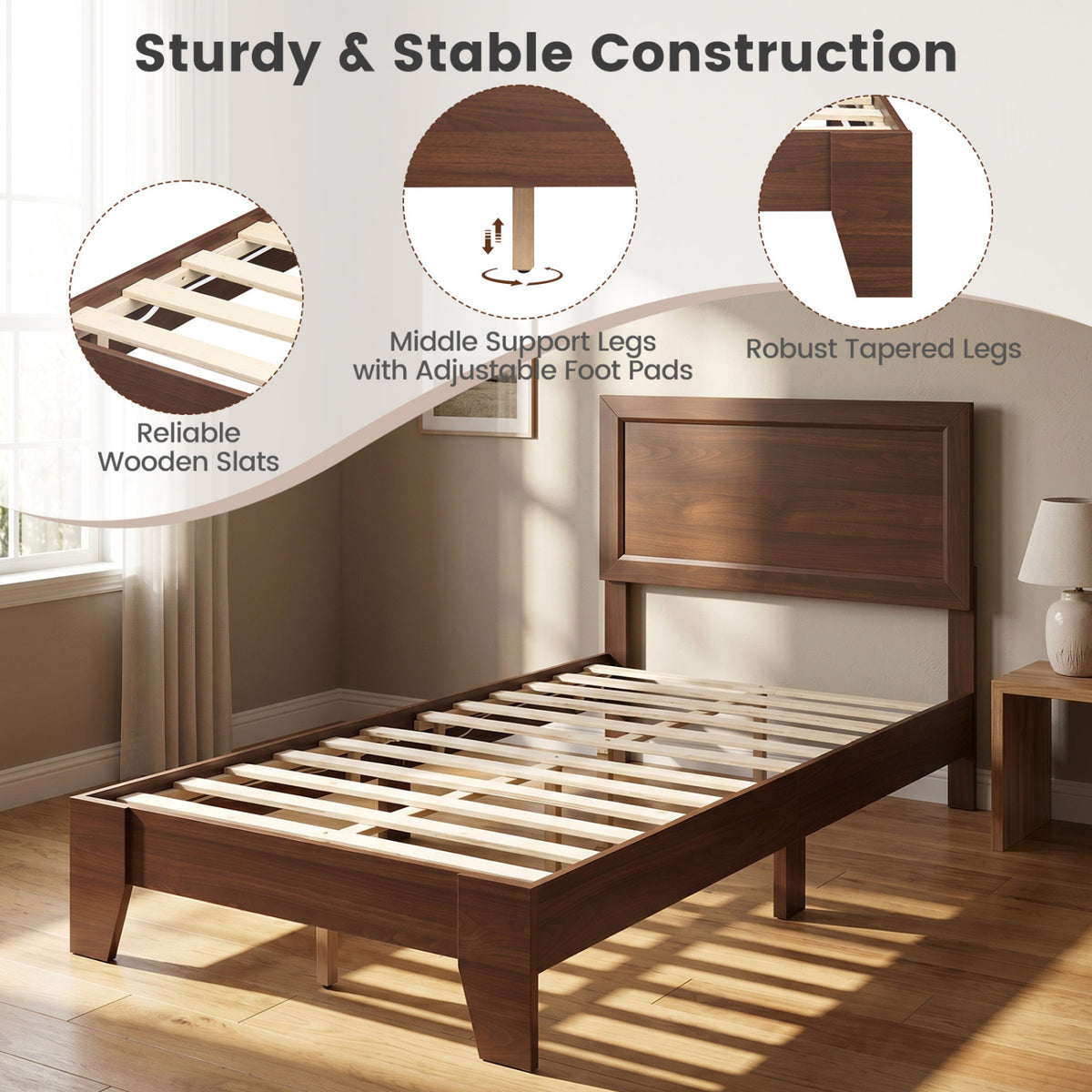Twin Size Bed Frame with Headboard for Small Room No Box Spring Needed-Walnut view 5