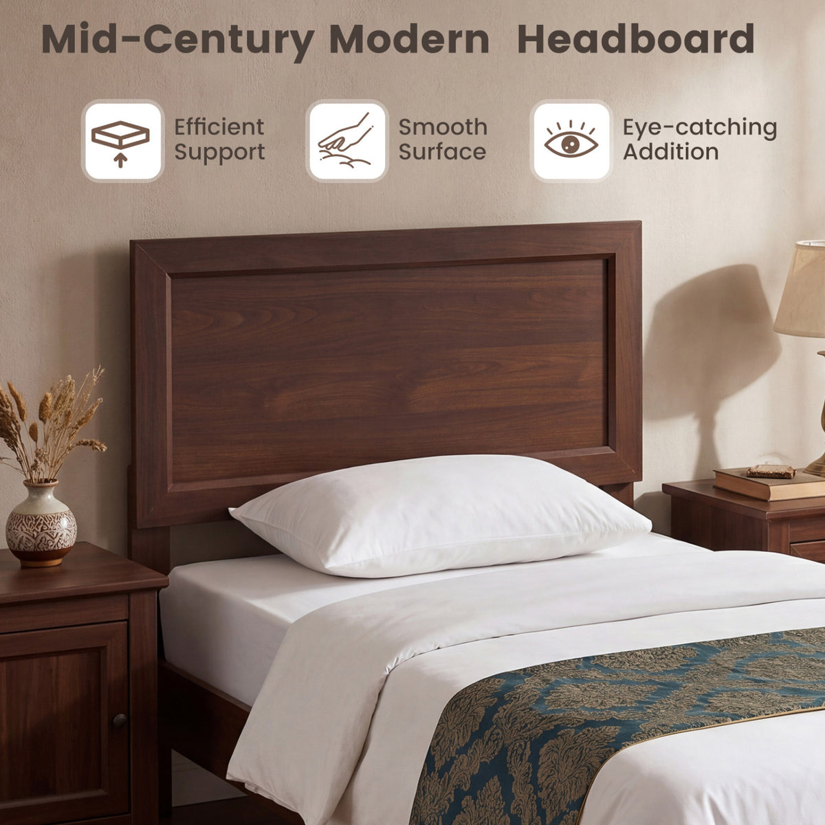 Twin Size Bed Frame with Headboard for Small Room No Box Spring Needed-Walnut view 6