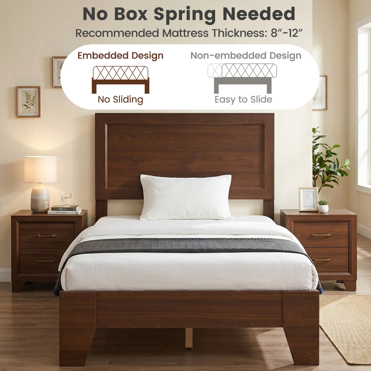Twin Size Bed Frame with Headboard for Small Room No Box Spring Needed-Walnut view 7