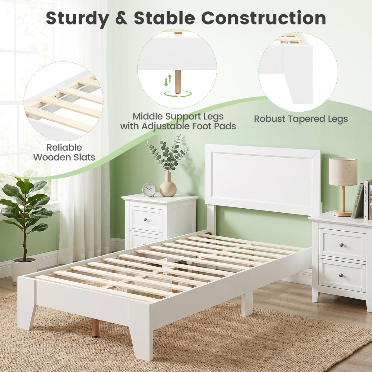 Twin Size Bed Frame with Headboard for Small Room No Box Spring Needed-White view 6