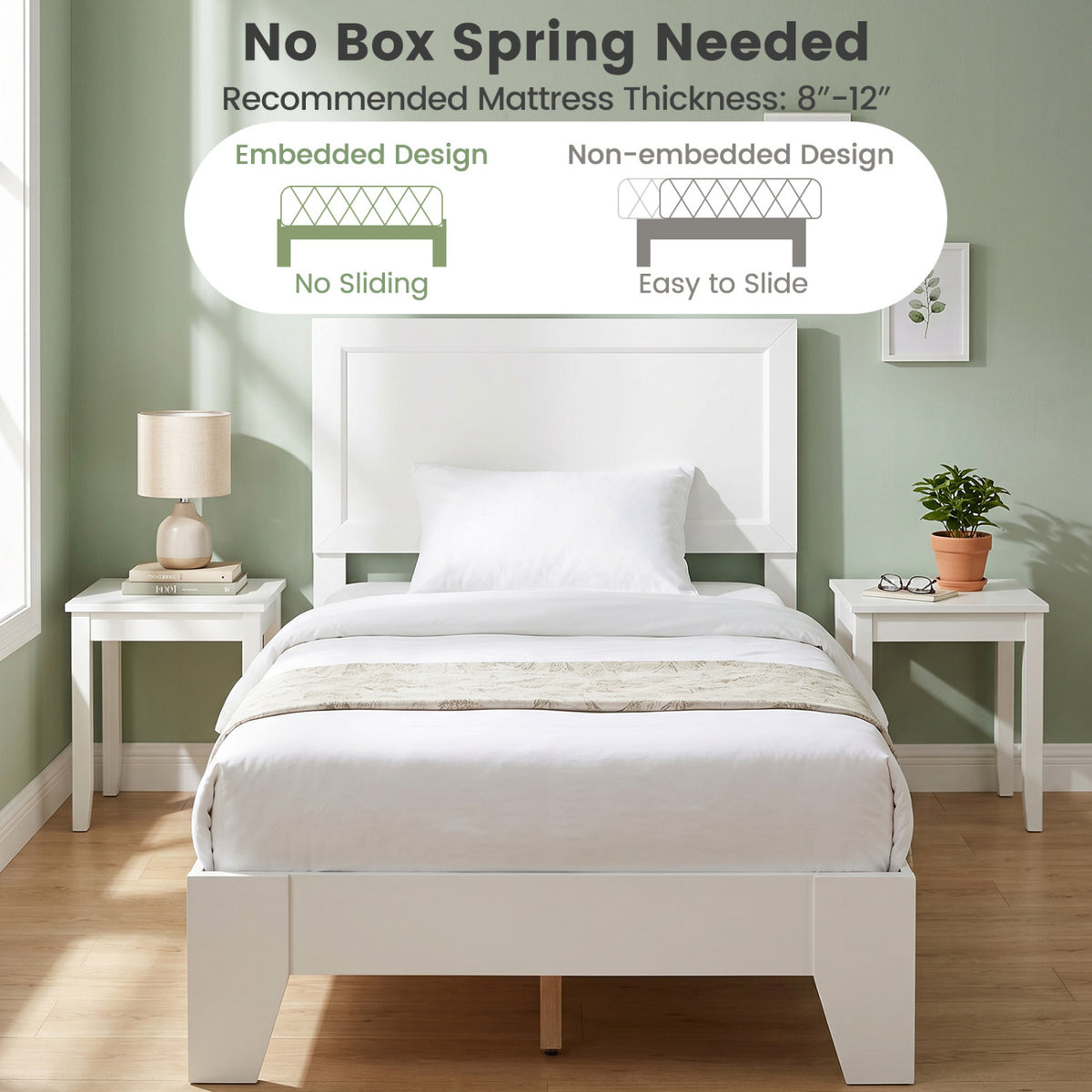 Twin Size Bed Frame with Headboard for Small Room No Box Spring Needed-White view 8